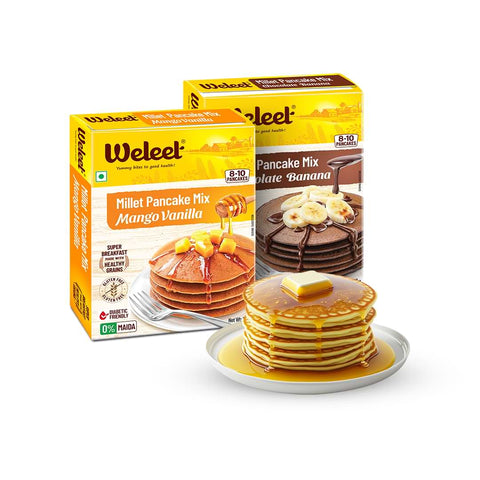 assorted pack of two mango, chocolate banana millet pancake mix