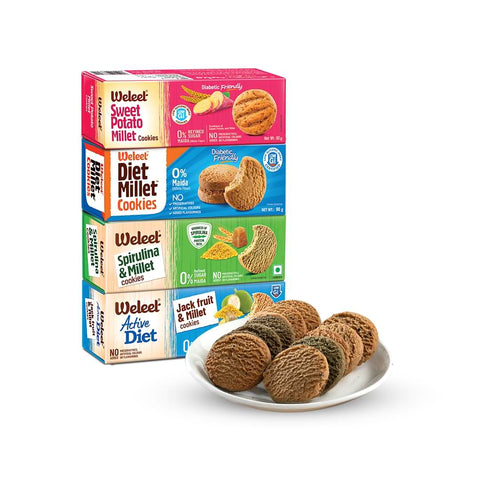 4 combo pack of sweet potato, diet millet, spirulina and jack fruit & millet cookies