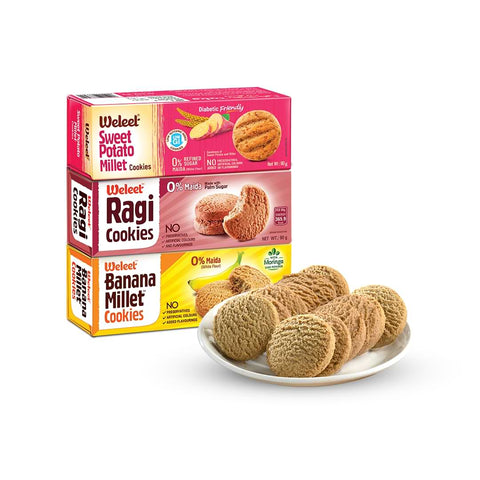 image shows the 3 pack combo of weleet sweet potato, ragi, banana millet cookies